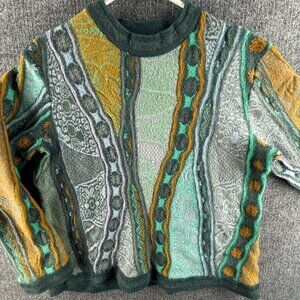 Coogi Australia All Wool Sweater Women Knit Green Blue Gold Large Pullover Soft
